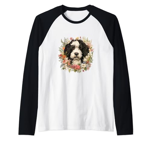 Portuguese Water Dog With Flowers Vintage Pastel Floral Raglan Baseball Tee