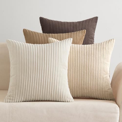 EMEMA Kissenbezug 60x60 Kordsamt Braun Serie Sofakissen 4er Set | Dekokissen Kissenbezüge Kord Kissenhülle Zierkissenbezug Dekorative Cord Kissen Weiche für Sofa Wohnzimmer Schlafz