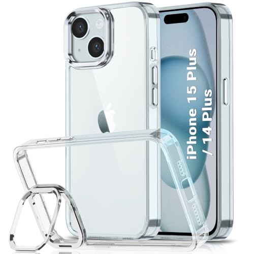 Image of TheGiftKart Hybrid Back Cover Case for iPhone 14 Plus / 15 Plus | Built-in Stand | Shockproof Hard Back Case Cover for iPhone 14+ / 15+ (PC & TPU, Clear Back, Transparent Sides)