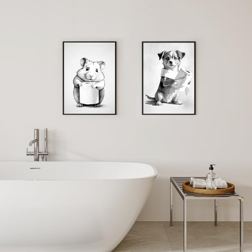 kollyseek Kunstdruck Hund Badezimmer Bilder schwarz-weiß Spruch Poster WC Deko DIN A4 Wandbilder ohne Rahmen auf Leinwand