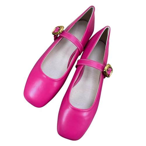 ChaiRong Zhou Women Mary Jane Flats Pu Leather Shoes Golden Buckle Straps Low Heel Square Toe Casual Ballet Party Dress Shoes