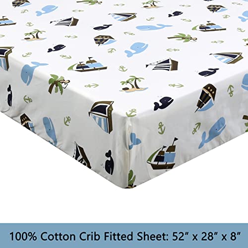 Image of Cozy Line Home Fashions 100 Cotton 3 Piece Toddler Sheet Set, Soft Breathable Crib Bedding Set for Boys Includes a Flat Sheet, a Fitted Sheet, a Pillowcase, Ocean Blue Whale Ships Sail Monkey Island