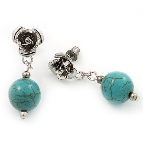 Silver Plated 'Rose' Turquoise Stone Ball Drop Earrings - 3.5Cm Length #TOP2