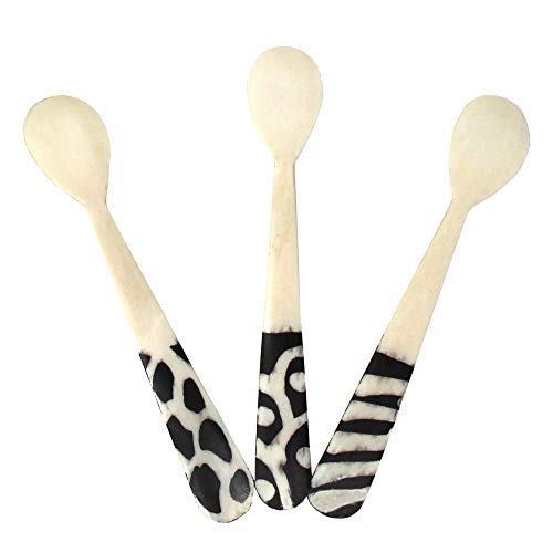Global Crafts Handmade Natural Bone Batiked Appetizer Set, 3 Spoons, Made in Kenya, 3 Piece Set (KNB004-S3)