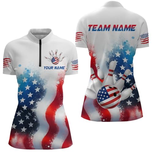 PIONAMZIOZ American Flag Bowling Shirts Custom Team Bowling Shirt for Women Men Patriotic Bowling Polo Shirt 1/4 Zip Shirt (US, Alpha, Small, 5X-Large, Regular, Regular, Women Quarter-Zip)