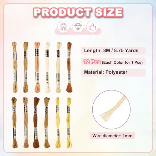 Image of PATIKIL 12 Skeins Embroidery Floss Polyester Embroidery Threads Bracelets String for Cross-Stitch Hand Embroidery, Tawny