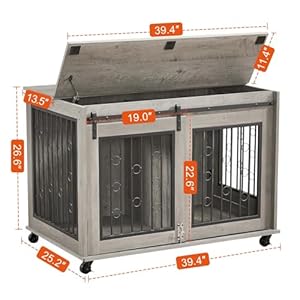 Rophefx dog crate furniture with sliding door dog kennel furniture with divider for 2 puppies puppy dog cage with flip up top and wheels indoor wooden dog house grey  urban country home decor