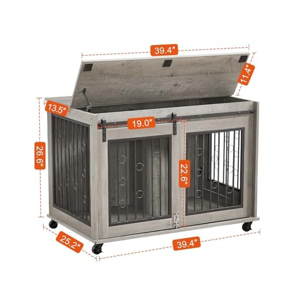 Rophefx dog crate furniture with sliding door dog kennel furniture with divider for 2 puppies puppy dog cage with flip up top and wheels indoor wooden dog house grey  urban country home decor