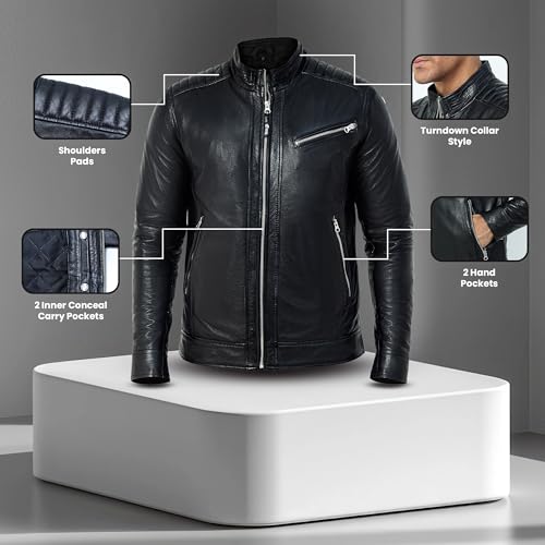 Black Leather Jacket Men - Cafe Racer Style Real Lambskin Leather Motorcycle Jacket - Men's Biker Jacket - Logan2