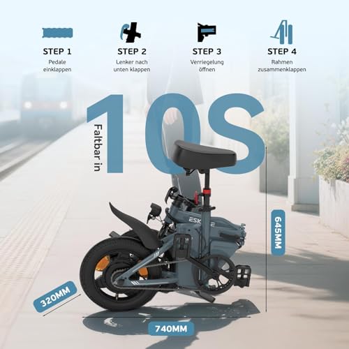 ESKUTE F100 E-Bike Klapprad, 14 Zoll Elektrofahrrad mit USB-Ladeanschluss für Handy, 250W EU-konformes Elektrofahrräder, Integrierter 36V 9Ah Akku, Reichweite bis 35-60KM – Bild 6