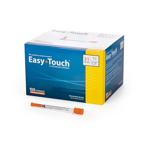 Image of Easy Touch Individually Wrapped 31 Gauge U-100 Insulin Syringes (31G 1cc 5 /16 inch) with 5 /16 inch Short Needle, 1cc (100 Unit Capacity), Bold Markings for Accurate Dosing, Disposable, Box of 100