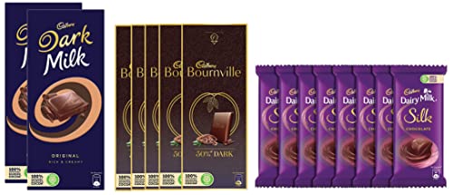 Image of Cadbury Bournville Rich Cocoa Dark Chocolate Bar, 80 gm (Pack of 5) & Dark Milk Chocolate Bar, 156g- Pack of 2 & Dairy Milk Silk Chocolate Bar, 60g (Pack of 8)