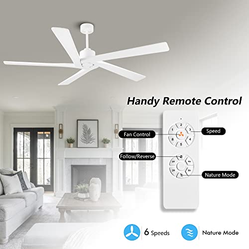 WINGBO 72-Inch No-Light DC Ceiling Fan with Reversible Wood Blades and 6-Speed Motor, White Finish