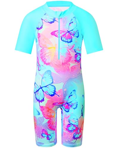 Image of TFJH E Short Sleeve Girls Swimsuits UV 50+ One Pieces Zipper 2-14Y | From beach vacations and pool parties to cruises and water parks, this colorful floral swimsuit is her summer favorite