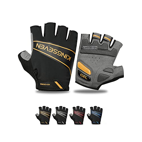 KINGSEVEN Vélo Gants de Cyclisme Respirant Lycra Tissu Absorbant Les Chocs VTT Demi Doigt Gants pour Hommes Femmes G751 (XL, Jaune) Cover