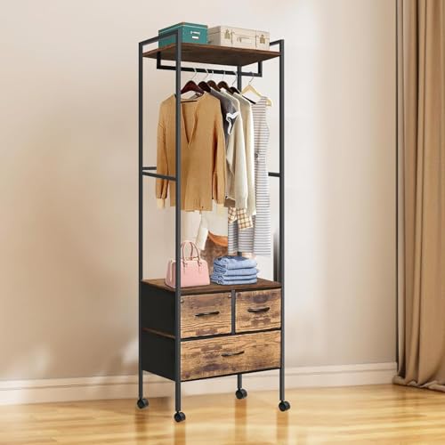 ハンガースリム 頑丈 シングル コートハンガー 木製 収納付き 洋服 引き出し ラック付き キャスター付き 幅58×奥行40×高さ170cm 省スペース 二年安心保障