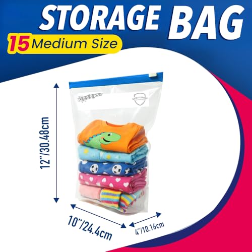 Image of Reusable Transparent Storage Bags with Slider Zip Lock | 15 Medium Size (10 inchx12 inch with 4 inch Bottom) | Ziplock Pouch or Bag for Small Clothes, Shoes & Travel Packing | Space Saver Zipper Pouch (M)