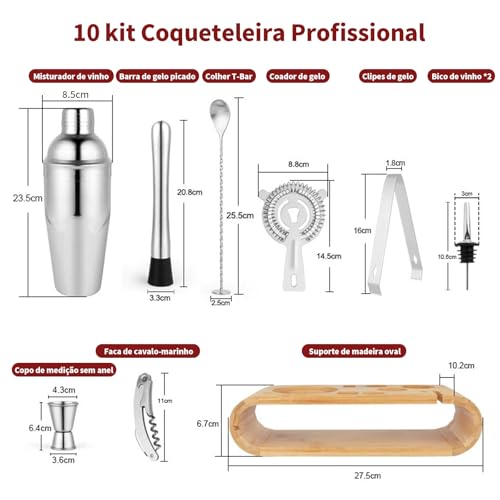 Kit Coqueteleira, Coqueteleira Inox, Kit Drinks e Coqueteis, kit Bartender, Kit Bar, 550ml