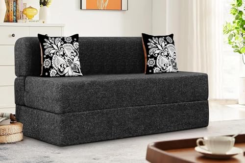 Image of Rosebell Two Seater Sofa Cum Bed | Jute Fabric Washable Cover | with Cushions Perfect for Guest | Black-Color | 4' X 6' Feet