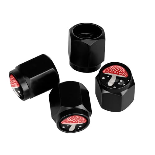 Muishi Red Forest Mushrooms Tire Valve Stem Caps, Aluminum Black Stem Tire Valve Caps Universal Stem Covers for Cars, SUVs, Trucks, Bikes, Motorcycles, Bicycles (4 Pack) -  D2-Muishi, 222222-21w3lr8s9vtr-glcap