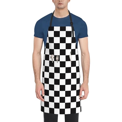Ohocut Cute Black And White Checkered Aprons For Chef Men Women With Pockets thumb #4