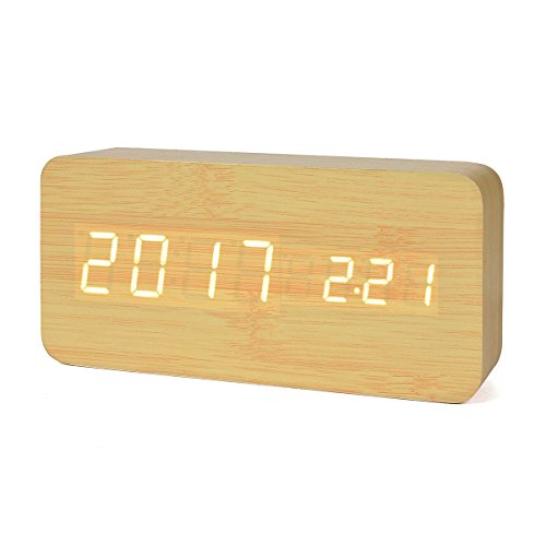 iitrust Horloge en Bois, LED Réveil Digital en Bois avec Température/Calendrier Mode Vocal Trois Alarmes Bamboo