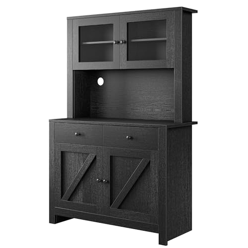 Image of IDEALHOUSE Modern Kitchen Pantry Cabinet, Microwave Storage Stand, Engineered Wood Food Organizer Cabinet with Multi Compartments, for Home Kitchen Dining Area, Black Wood Grain
