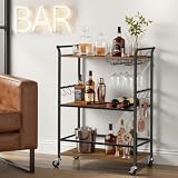 VASAGLE Carrello da Cucina in Acciaio e Truciolato, Carrello Bar a 3 Ripiani con Ruote, Portabottiglie e Porta Calici, 64,5 x 32 x 85,5 cm, Marrone Vintage, per Soggiorno, Collezione Barnet LRC200K101