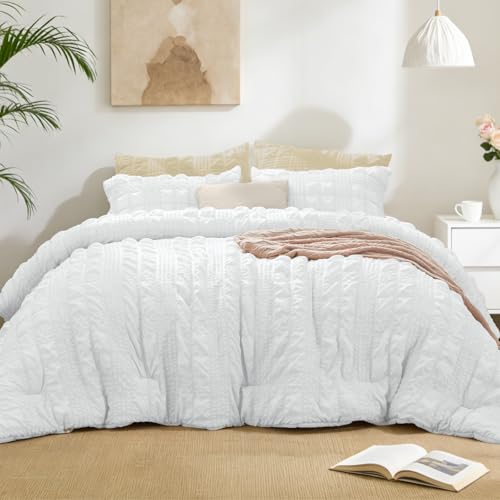 Image of BEDELITE Queen Comforter Set, Seersucker Bedding Set 3 Pieces, Bright White | All Season Use, Machine Washable, Soft and Lightweight, Ruched Comforter for Bedroom, Wrinkle-Resistant, Cozy and Stylish