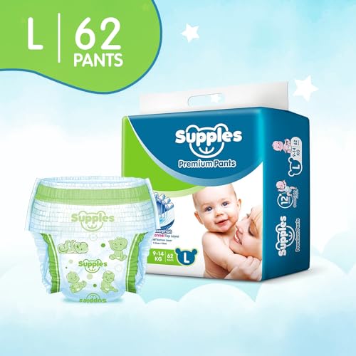 Image of Amazon Brand - Supples Premium Baby Diaper Pants | 62 Baby Diapers | Large | 9-14 Kg | 12 Hrs Absorption | Cushiony Cotton Soft Fabric | Phthalates-Free | Triple Leak Guard (Pack of 6)