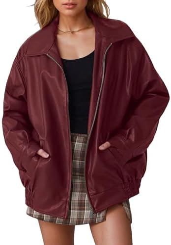 Leather Jacket Women Oversized Faux Motorcycle Bomber Jackets Fall Fashion Outfits 2024 Winter Clothes with Pocket