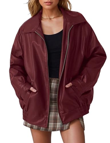 APRROOT Red Leather Jacket Women Oversized Burgundy Faux Bomber Jackets Zip Up Motorcycle Coats Fall Fashion Outfits 2025 with Pocket Wine Red L