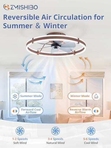 Image of ZMISHIBO 24 Inch Ceiling Fans with Lights and Remote, Modern Low Profile Ceiling Fan, 3000-6000K Dimmable Flush Mount LED Fan Light, 6 Wind Speeds, Fandelier Ceiling Fans for Bedroom- Brown