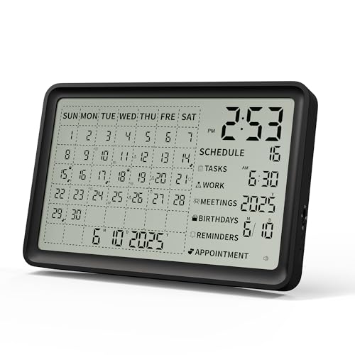 Digital desk calendar displaying current time, date, and schedule reminders for tasks, work, meetings, birthdays, and appointments, relevant to high-tech gadgets and electronics for 2025.