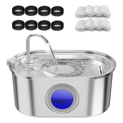 Cat Water Fountain Stainless Steel with 8 Carbon Filters and 8 Sponges Cover