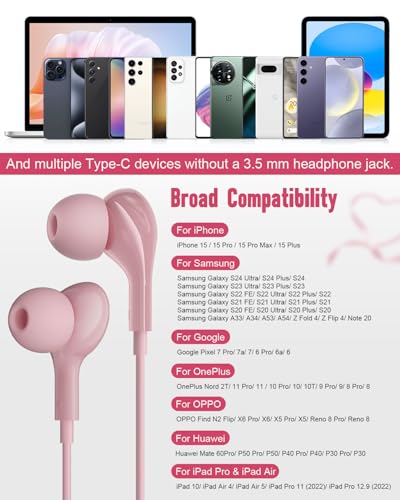 USB C Headphones Wired for iPhone17 16 Pro Max 15 Plus iPad Pro Air Pink