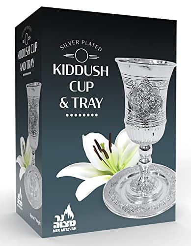 Ner Mitzvah Tall Kiddush Cup And Tray - Premium Quality Silver Plated Goblet With Stem - Shabbat And Havdalah Goblet - Judaica Shabbos And Holiday Gift #TOP5
