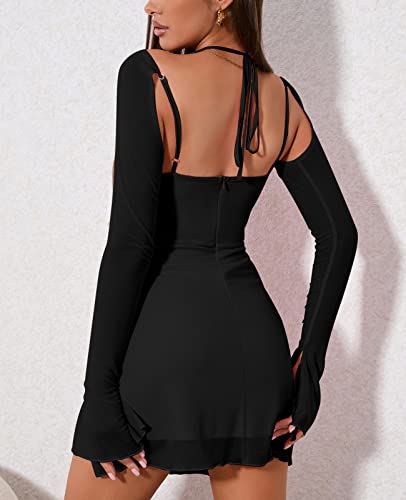 HTZMO Sexy Women's Halter Flounce Sleeves Ruched Mini Dress Sheer Mesh Side Split Cute Party Short Dresses2