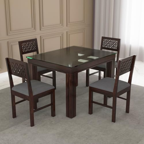 Image of Solid Sheesham Wood Dining Glass Top Table Set of 4| Wooden 4 Seater Dining Table with 4 Chairs with Cushion|Wood Dining Table & Chairs for Home, Restaurant, Cafe,Dining Room|Walnut Finish