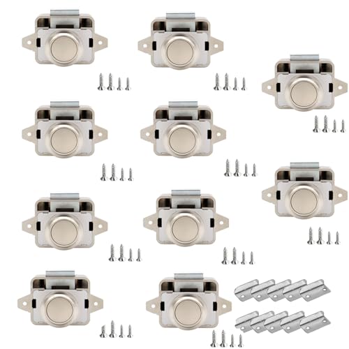 TOOSOAR 10 Pièces Verrous à Bouton-Poussoir,14-16 mm Serrure de Meuble,pour Camping-Cars, Yachts, Bateaux, RV Camping Armoire, Caravane (Nickel perlé)
