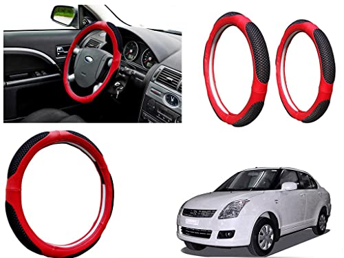Image of Microfiber Car Steering Wheel Cover, Soft Padding Great Hand Feel, Anti-Slip, Faux Leather Steering Cover for Maruti Suzuki Swift Dzire Type1 | Black Red Jali - Pack of 1
