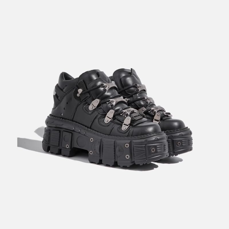 Cute Emo Shoes Platform Y2K Grunge Black Heels Wide Combat Boots with Metal Charms for Women Teen Girls Chunky Goth Punk Kawaii Retro Gifts for Daughter Granddaughter Back to School2