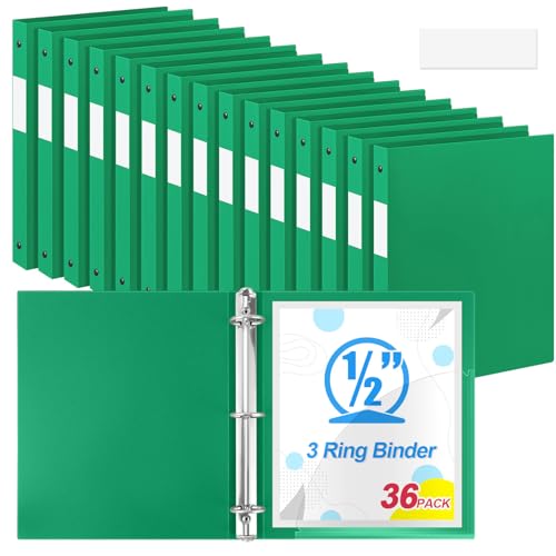 Image of Henoyso 36 Pack 0.5 Inch Plastic 3 Ring Binder Round Ring, Bulk 1 /2 Inch Flexible Binders Hold 140 Sheets Letter Size with Pocket, Document Organizer for Back to School Classroom Office (Green)