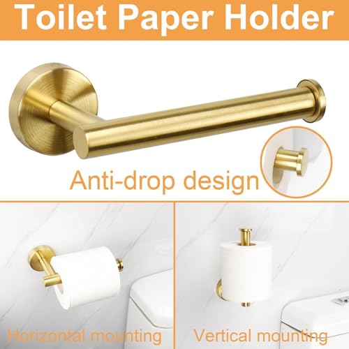 Image of JIALTO 5-Piece Bathroom Towel Holder | Towel Rod | Toilet Roll Stand | Wall Mounted Bathroom Fittings Full Set - 16 Inch Hand Towel Bar | Toilet Paper Holder | Adhesive Hooks (Gold, 5 - Pieces Set)