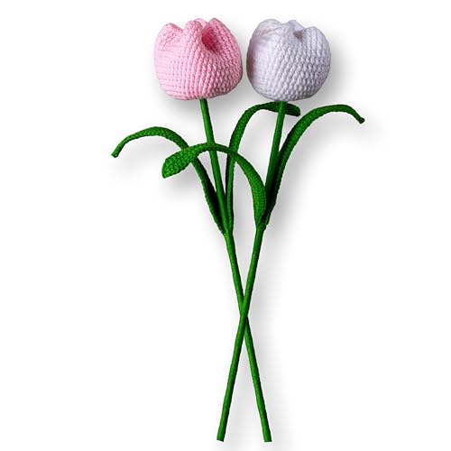 Image of Tulip Crochet Flowers | Handcrafted Artificial Faux Woolen Flower with Long Stem | Natural Looking Knitted Flower for Home, Living Room, Vase & Bouquet Decoration & Gifting | White & Baby Pink
