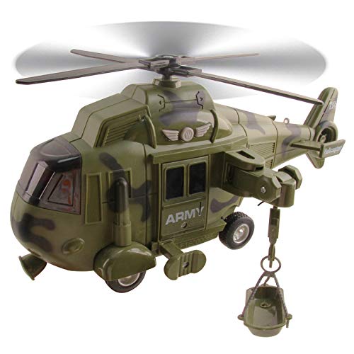 Vokodo Military Helicopter 11" With Lights Sounds Push And Go Includes Rescue Basket Durable Toy Friction Power Kids Army Soldier Chopper Pretend Play Truck Great Gift For Children Boys Girls Toddlers #TOP4