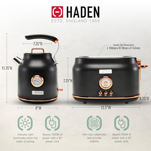Haden Dorset 1.7 Liter Stainless Steel Electric Kettle with 360-Degree Base Bundled with 2 Slice Wide Slot Stainless Steel Toaster, Black & Copper - Thumbnail 3