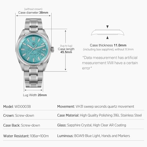 Image of watchdives WD0003 Original Design Aventurine Men Watch VH31 Sweep Second Quartz Watch 36mm Sapphire Crystal Luxury Wristwatch 100m Waterproof Stainless Steel