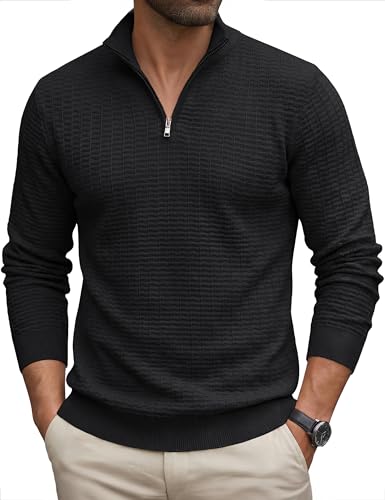 Image of Cavva Mens Jumper 1/4 Zip Knit Waffle Textured Sweaters Mock Neck Pullover