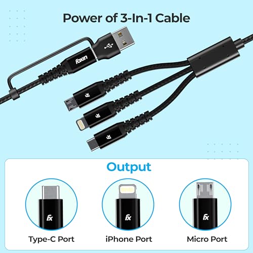 Image of Foxin MAC05 Dual Input 20W 3 in 1 /6 in 1 Nylon Braided 1.5mt 4 Amp Multipurpose Parallel Fast Charging Cable | Universally Compatible, USB & Type C Input | Type C, 8 Pin, Micro Output | Made in India